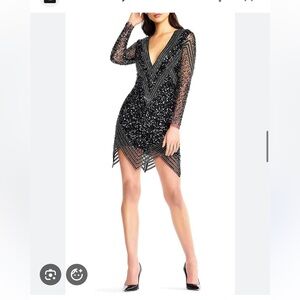 Aidan Mattox Black and Silver Beaded Long Sleeve Dress